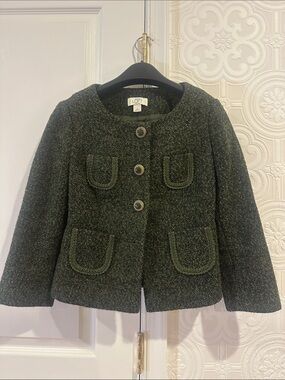 LOFT Green Tweed Button Front Jacket